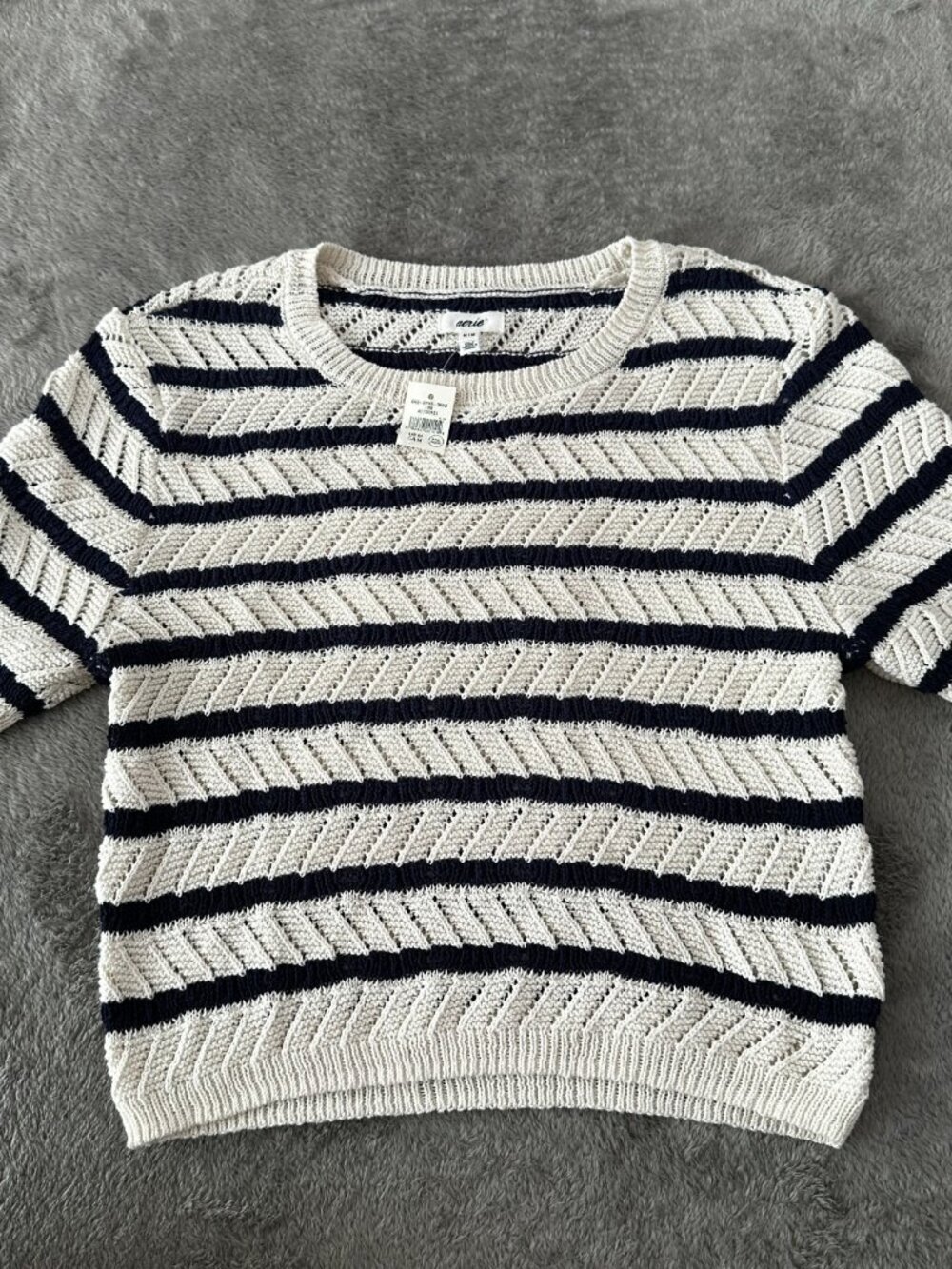 NWT Aerie Fitted Pointelle Sweater Women's MEDIUM Short Sleeve Nautical